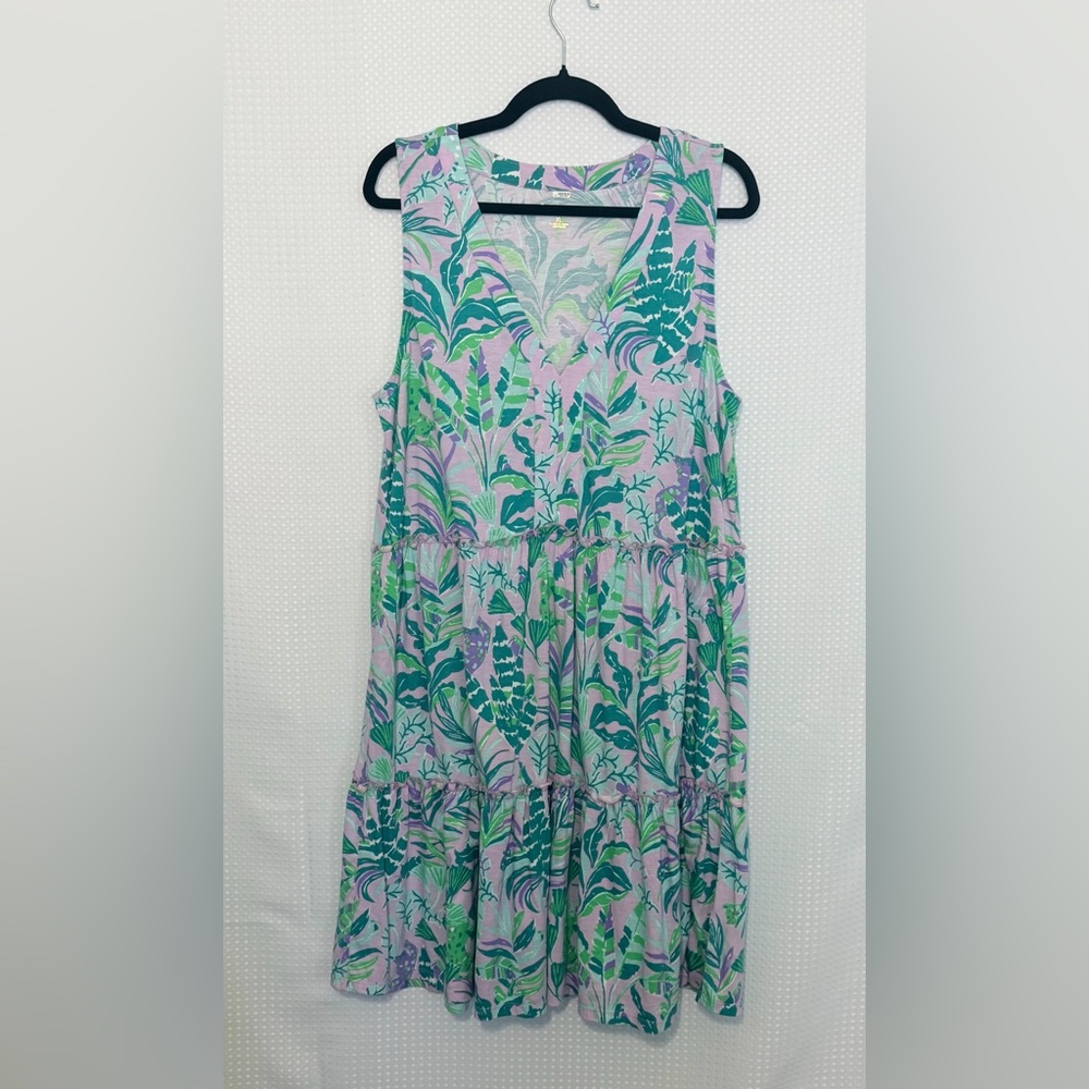 Lilly Pulitzer Lorina Purple Iris Print Cotton Swing Ruffle Tier V-Neck Dress XL - Picture 4 of 9